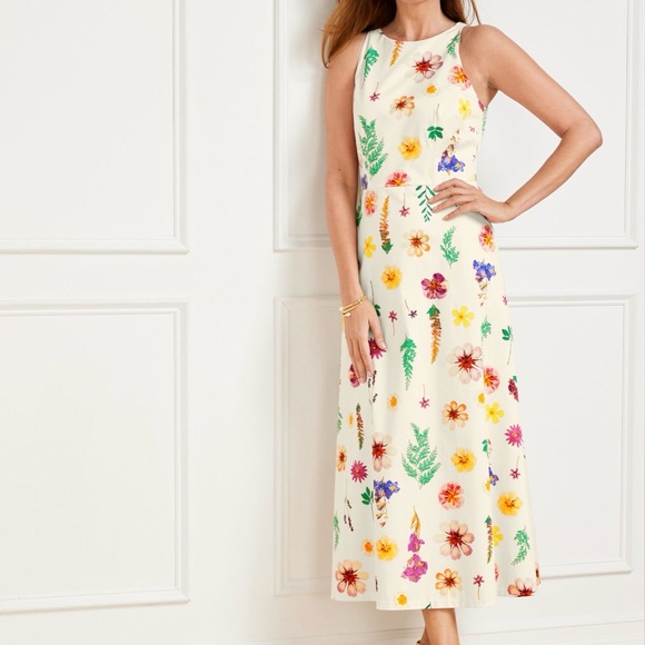 Talbots Petite Sateen Fit & Flare Dress Floral Meadow Halter Sleeveless 12P - Picture 3 of 16